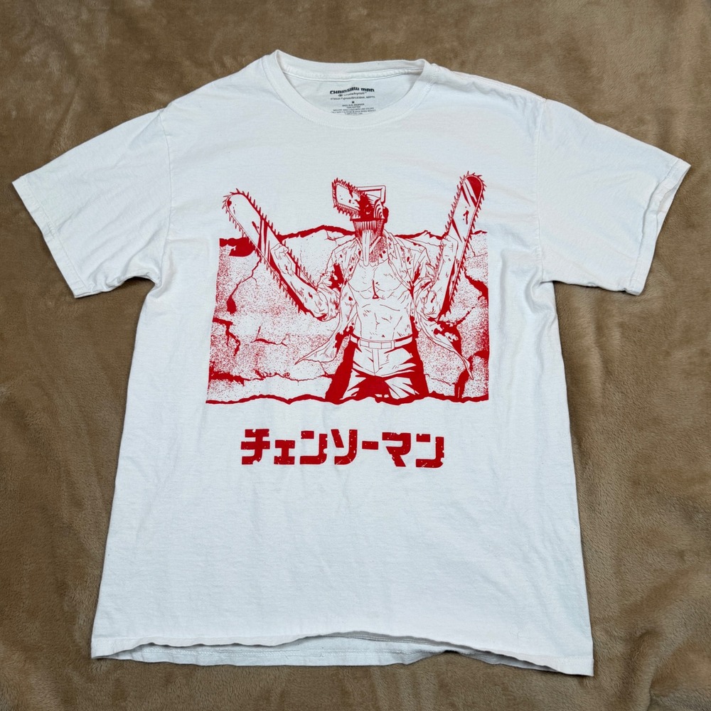 Chainsaw Man Denji Anime Graphic T-Shirt White Red Crunchyroll Mens Size M